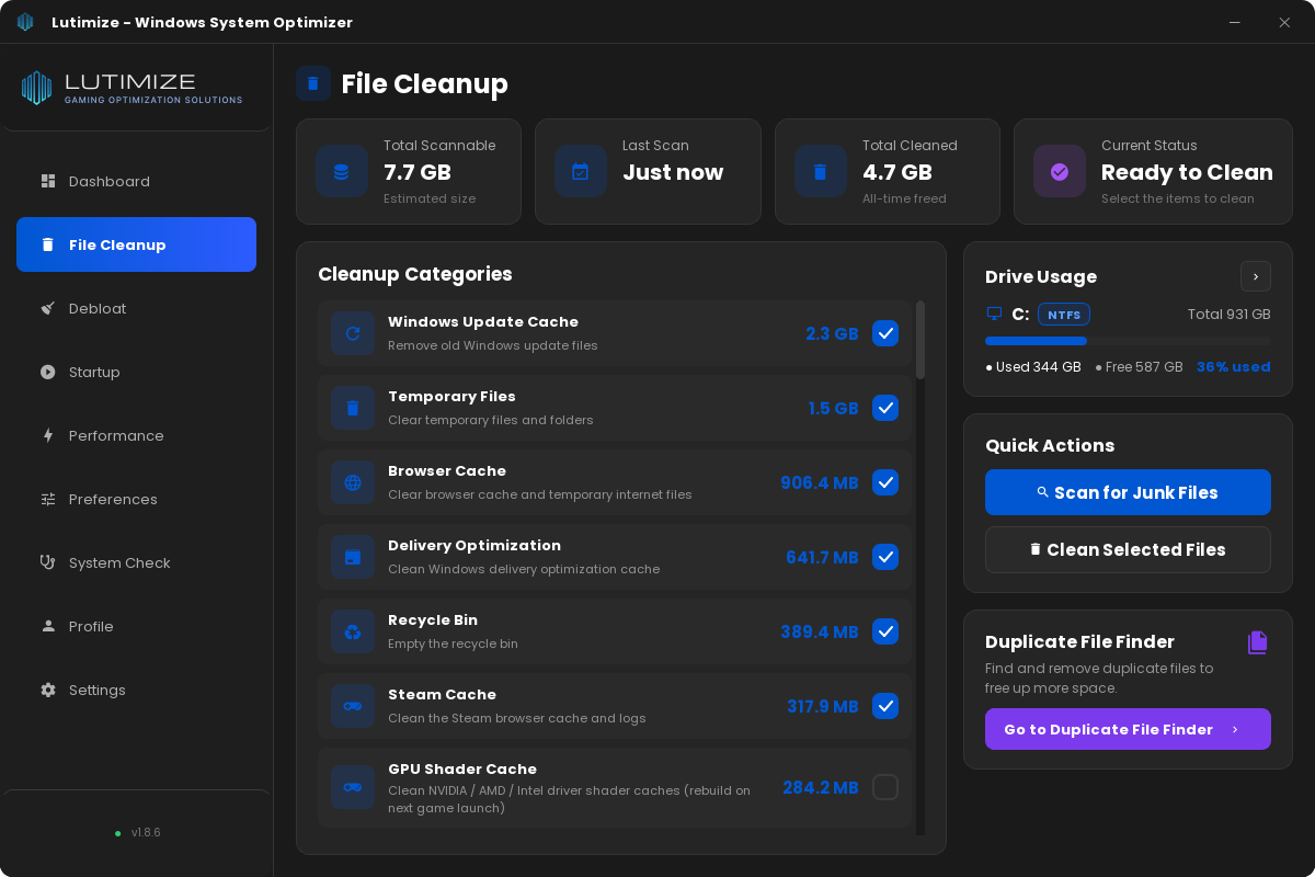 Lutimize File Cleanup right after a scan: 7.7 GB can be cleaned, listed by category with sizes and checkboxes, including Windows Update Cache (2.3 GB), Temporary Files (1.5 GB), Browser Cache and Steam Cache. The side panel shows C: drive usage (36% used) and a Scan for Junk Files button.
