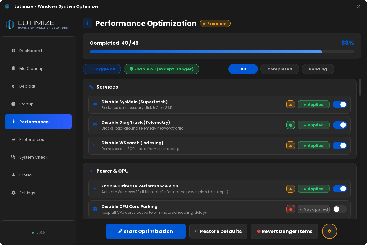 Lutimize Performance Optimization: a progress bar reads Completed: 40 / 45 (88%). Below it, tweaks such as disabling SysMain, DiagTrack and WSearch are grouped under Services and Power & CPU, each with a risk icon, an Applied status and a toggle. A Start Optimization button sits at the bottom.
