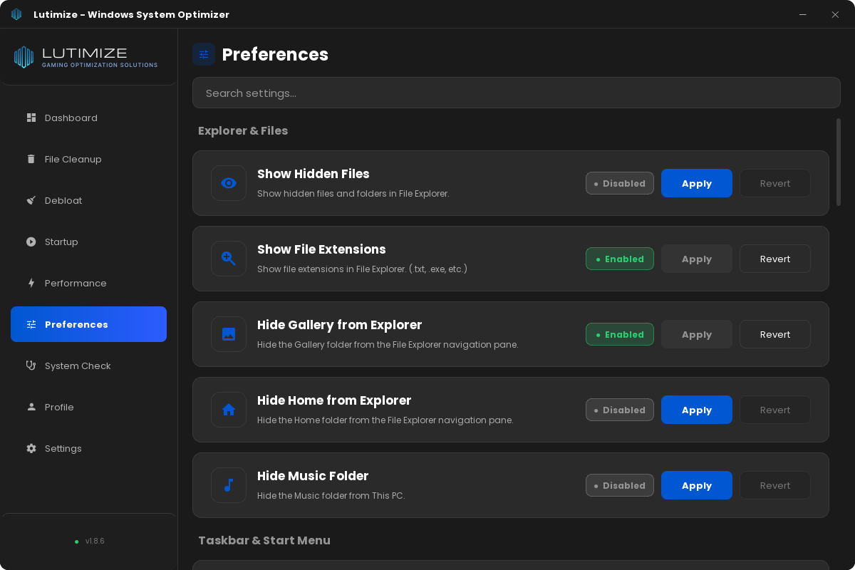 Lutimize Preferences: Explorer & Files settings such as Show Hidden Files, Show File Extensions and Hide Gallery from Explorer, each with its current state (Enabled or Disabled) and Apply and Revert buttons.