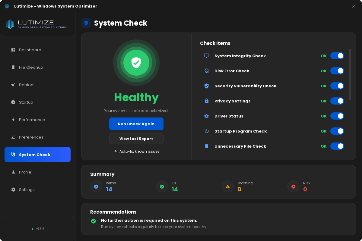 Lutimize System Check results: a large green shield reads Healthy, and every check item (System Integrity, Disk Error, Security Vulnerability, Driver Status and more) shows OK. The summary counts 14 items: 14 OK, 0 warnings, 0 risks.