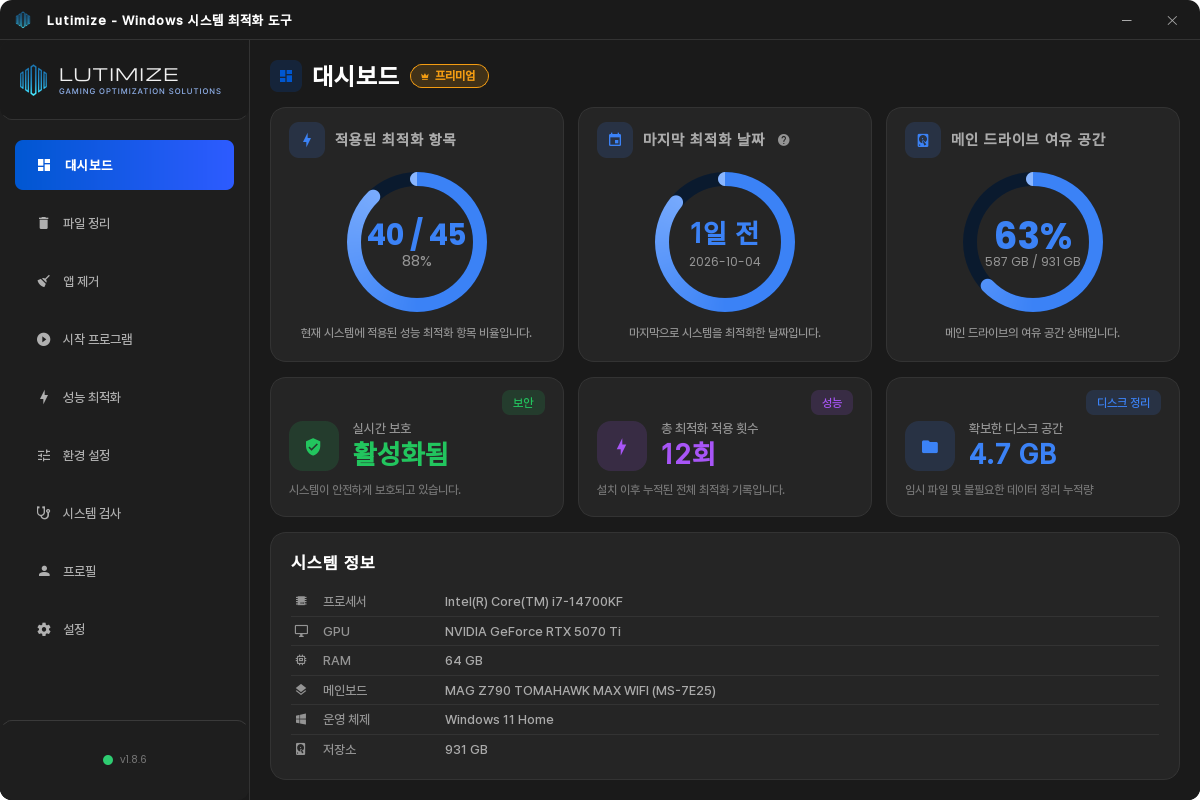 루티미제 대시보드 화면. 원형 그래프 세 개가 적용된 최적화 항목 40/45(88%), 마지막 최적화 1일 전, 메인 드라이브 여유 공간 63%를 보여 주고, 아래에 실시간 보호 활성화 상태와 시스템 정보(i7-14700KF, RTX 5070 Ti, 64 GB)가 있다.